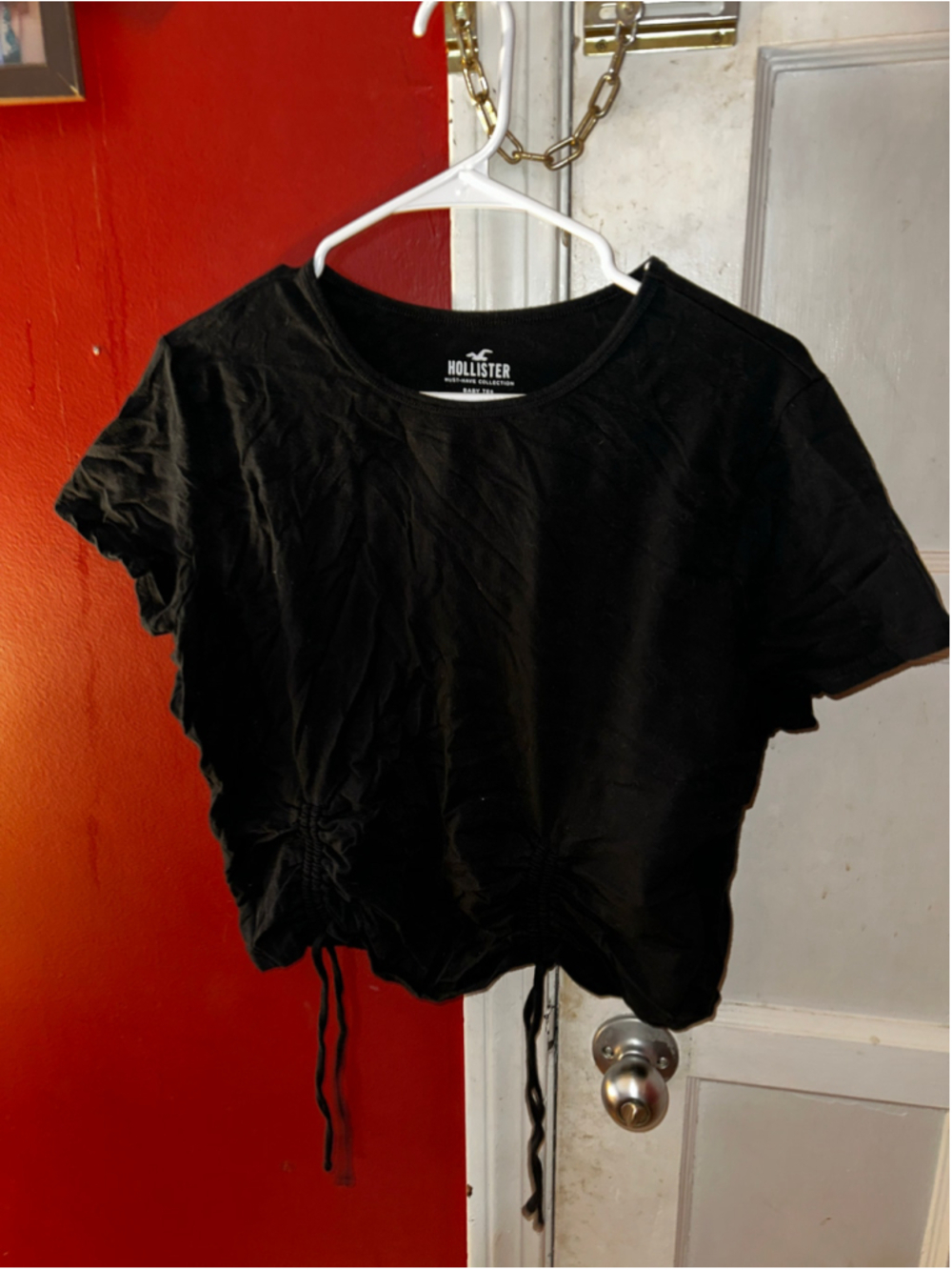 Hollister Baby Tee Bundle Lot (2) XXL Black & Rust Brown Ruched Cinch Hem Crew - Picture 7 of 14